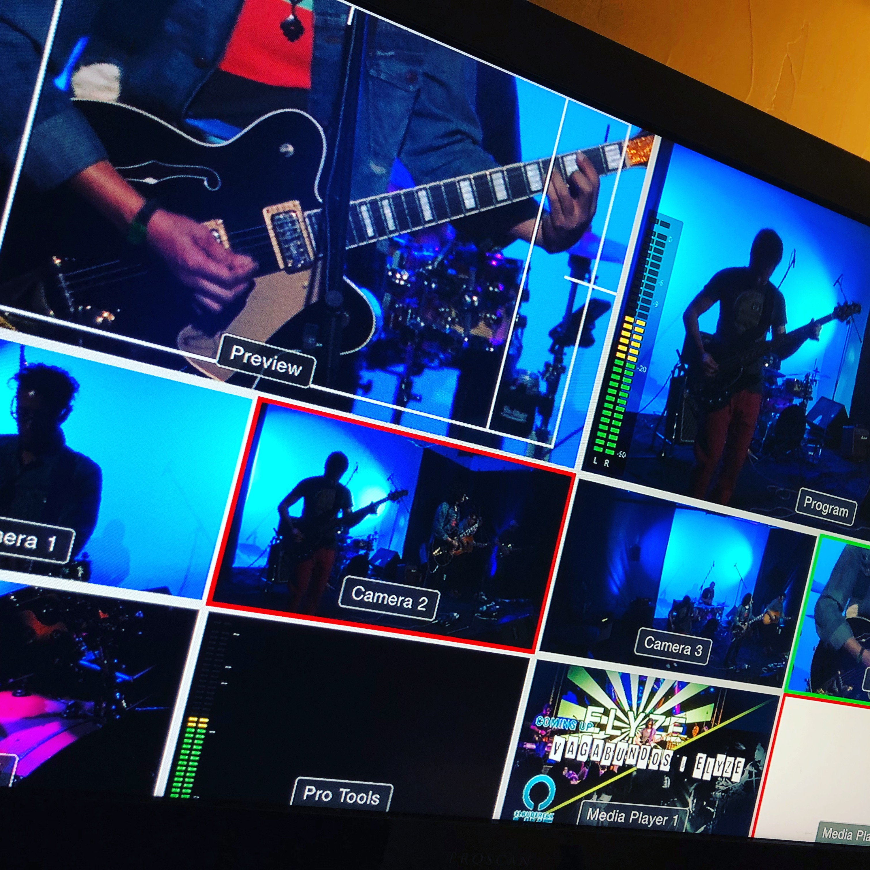 Cloudbreak Creative multiview switcher showing Preview, Program, and multiple camera angles during a live music broadcast